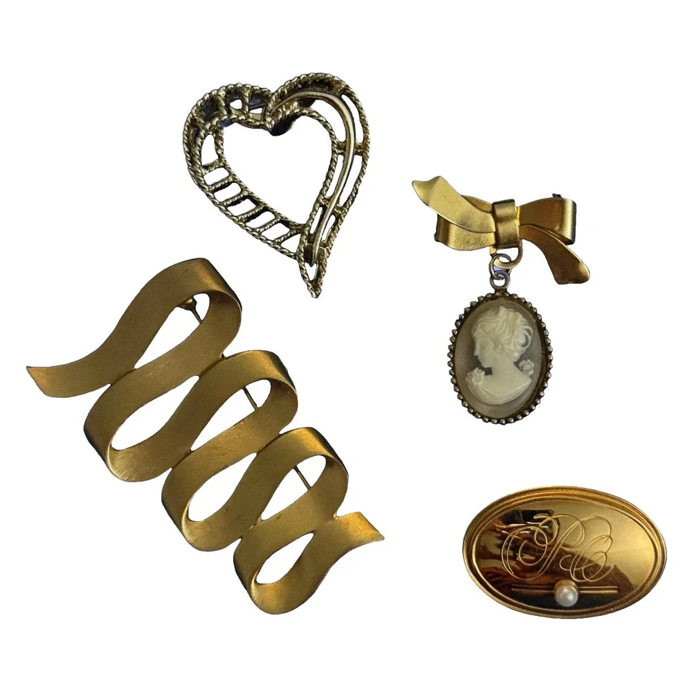 Vintage‎ Signed Brooch Pin Lot 4 Pc Gold Tone Cameo Heart Monogram Pearl
